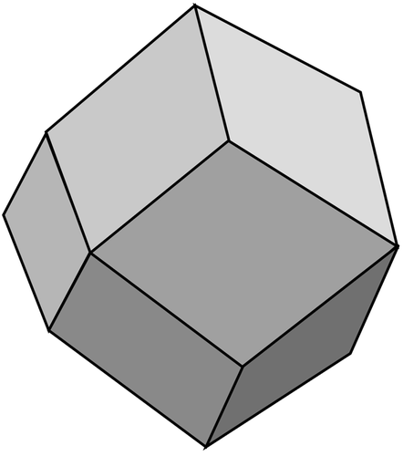 Figure 2. The rhombic dodecahedron can fill space, with its centre placed on the points of an fcc lattice. Corners where four edges meet correspond to unstable vertices in the extended structure, when this is taken as a model for a foam.