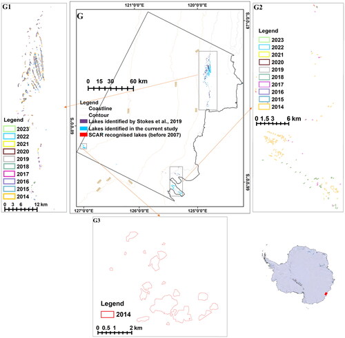 Figure 9. Distribution of melt lakes at the Wilkes Land (Region G). Note that extensive melt was observed during 2014, 2015, and 2020. The melt in the interior was observed at patch (G3) in 2014.