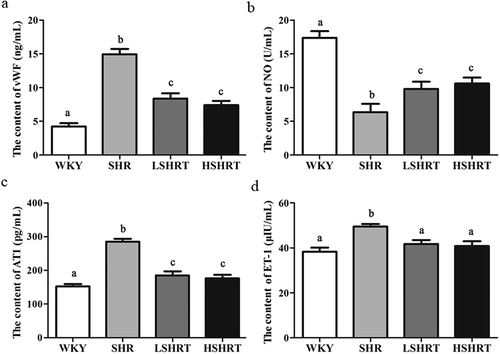 Figure 3. Serum levels of vWF (a), NO (b), AT1 (c), and ET-1 (d) in different groups of rats. N = 10, Different alphabets indicated significant differences.