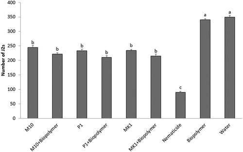 Fig. 2 Effects of root-coating with the biopolymer and inoculation of Trichoderma spores on second stage juveniles (J2s) of Meloidogyne incognita in 100 cm3 of soil. Values are means of combined results from two experiments with 16 replicates each. Different letters indicate significant differences by the Student-Newman-Keuls test at p < 0.05