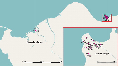 Figure 8. The distribution of Type A stones. The map inset on the lower right is an elevated headland in Lamreh village, which can be identified with the historic trading site of Lamri in the 15th century