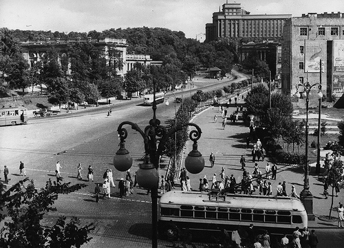 Figure 5. Hrushevskyi (then Kirov) Street in the 1950s. The Oblast (formerly Public) Library is on the left, the Museum of Ukrainian Art centre-right, and the Council of Ministers’ building upper centre. Photographer unknown. Author’s collection.