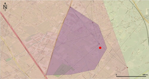 Figure 4. The result of the geographic profiling investigation in Case 3. The purple area indicates the region of interest for searching the missing person, found lifeless at the point indicated by the red dot.