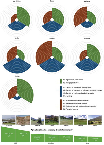 Figure A3. Flower diagrams representing the normalized value of the three aggregated ES and biodiversity indicator for the seven study areas, considering both food and forage production (P1 & P2). Singularly, each flower diagram allows visualizing the tradeoffs and synergies among ES and biodiversity within a study area; overall, the diagrams allow comparison of the performance of the study areas. Note that the study sites are displayed based on their value of agricultural land-use intensity (i.e. P1 + P2 expressed in €/ha). Accordingly, the study areas are divided into three groups of agricultural land-use intensity, specifying the degree of multifunctionality, i.e. number of ES and biodiversity indicators that exceed the threshold value of 0.5.