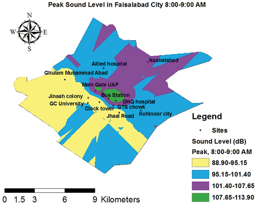 Figure 18. GIS map of peak sound level data (8–9 am).