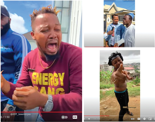 Figure 4. Collage of screenshots from @237_Towncryer’s YouTube chanel, demonstrating his comedic technique of desperately and loudly ‘crying’ about serious issues to provoke laughter and raise awareness. Source: 237_Towncryer.