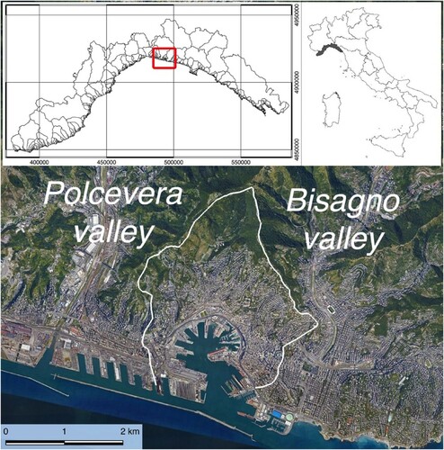 Figure 1. Location of the study area within Genoa city, Liguria Region, Italy.