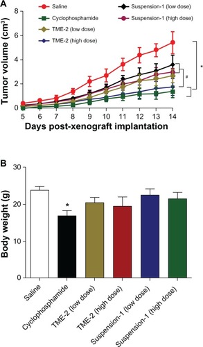 Figure 5 In vivo evaluation. (A) Antitumor efficacy against Lewis xenograft tumor after intragastric administration of various formulations of triterpene and adlay seed oil at a dose of 30 g crude drug/kg and 15 g crude drug/kg. (B) Weight of mice in each group at day 14 after tumor implantation. *P<0.05 versus saline; #P<0.05 versus TME-2 (high-dose), n=6.Abbreviation: TME, triterpene-loaded microemulsion.