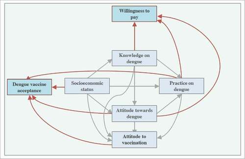 Figure 1. Correlation model between socioeconomic status, knowledge on dengue fever, attitude toward dengue fever, practice on dengue prevention, attitude toward vaccination, dengue vaccine acceptance and willingness to pay for dengue vaccine.