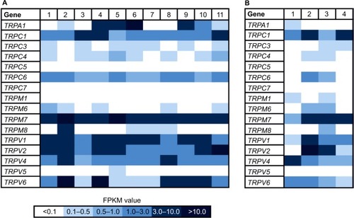 Figure 1 Heat map of TRP channel expression in 11 native human breast cancer tissues and four healthy breast tissues.