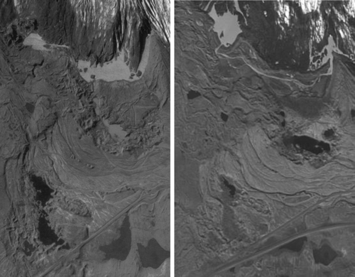 Figure A3. Aerial photograph extracts (left = 1965; right = 1998) of kame and kettle topography on the southern part of the Fjallsjökull foreland, showing the localized nature of the predominantly large kettle holes and the occurrence of push moraine ridges on either side. These observations suggest that the holes represent the melt-out of snout ice buried by glacial outwash which has been bulldozed by active glacier recession. The trend and elevated positions of the abandoned proglacial outwash tracts clearly show that the glacier snout occupied the depressions during outwash progradation