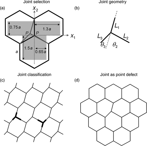 Figure 1. Procedure to generate different joint defects and investigate their mechanical behaviour under two different scenarios. (a) Three cells of a regular hexagonal honeycomb, where a single joint in the centre is perturbed by shifting the position of its junction point, P, inside a given T-shaped region (gray area). The size of this region is given in terms of the lattice dimension, a. The rectangular shape of this region is chosen for convenience. (b) The geometry of a joint characterized generally by eight geometrical parameters. (c) Periodic irregular honeycomb lattice built up in a unique way by identical copies of the joint of Figure 1b. (d) The joint is introduced as a defect in an otherwise regular hexagonal honeycomb.