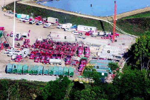 Fig. 3. Hydraulic fracturing of an unconventional gas well in the Marcellus Shale. A) Well head, B) water containers, C), command center, D) pressure trucks, E) proppant containers, F) mixers, G) chemical containers, H) flare, I) impoundment. Photo courtesy of Robert M. Donnan.
