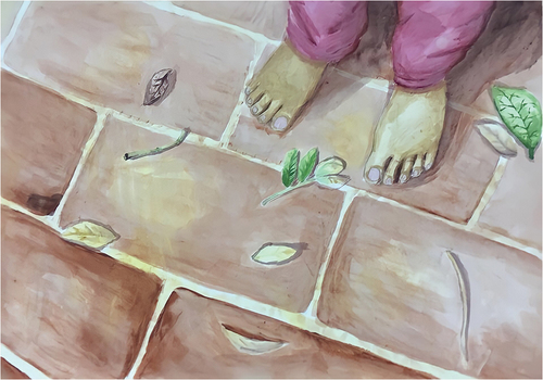 Figure 3b. Student D. Janlan Kaki (The Walk). 2018. Acrylic on paper. 42 × 59.4 cm. c) Student E. Desolate. 2018. Acrylic on paper, 42 × 59.4 cm.