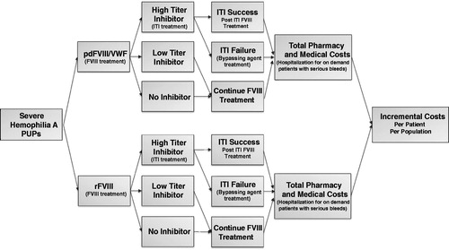 Figure 1. Model structure. Abbreviations. ITI, immune tolerance induction; FVIII, factor VIII; pdFVIII, plasma-derived factor VIII; PUP, previously untreated patient; rFVIII, recombinant factor VIII; VWF, von Willebrand factor.