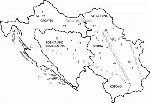 Figure 1.  The main metallogenic provinces in Croatia, Bosnia and Herzegovina, and Serbia, and locations of investigated sites. Locations: 1 – Zlatibor (Serbia); 2 – Sv. Jakob (Croatia); 3 – Istrian Penninsula (Croatia); 4 – Sinjsko polje (Croatia); 5 – Velika Morava River Valley (Serbia); 6 – Rudnik (Serbia); 7 – Dugi Rat (Croatia); 8 – Zenica, Vareš, and Iliaš (Bosnia and Herzegovina); 9 – Petrovo (BIH); 10 – Industrial areas (Serbia); Tuzla (BIH); Luke (BIH); 13 – Banja Luka (BIH); 14 – NW Croatia; 15 – Srem (Serbia); 16 – Banat (Serbia); 17 – Bačka (Serbia); 18 – Nišava (Serbia); 19 – Pozega (Croatia); 20 – Goč (Serbia); 21 – Divčibare (Serbia); 22 – Sava Basin (Croatia); 23 – Drava Basin (Croatia).