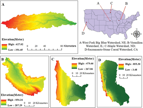 Figure 1. Topography and locations of four study areas.