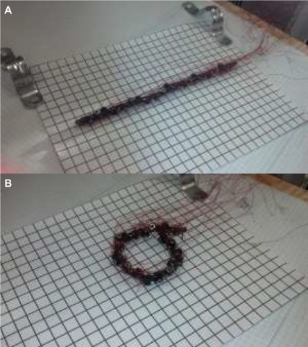 Figure 15 Model configurations in the experimental setup. (A) A straight line, base reading. (B) An alpha loop of 3-cm radius.