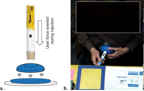 Figure 2. Experimental setup for user’s force data collection. Expanded view diagram of sensor-augmented foam cushion to capture user’s force-time data. (a) Three force sensors were placed between the foam cushion and strap to attach the foam cushion on the patients’ or mannequin’s abdomen. Example of patient performing a simulated injection with the sensor-augmented foam cushion attached to abdomen (b) .