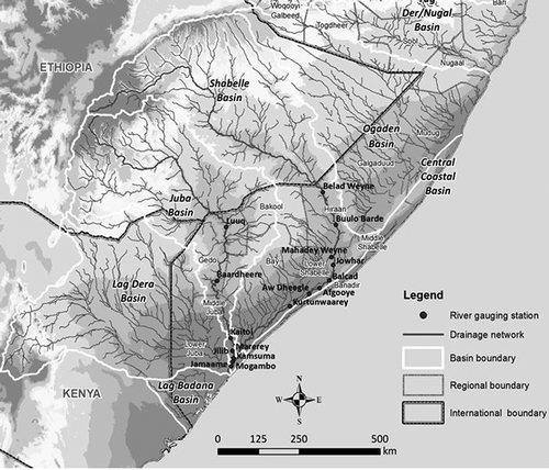 Figure 1. Map of the Juba and Shabelle river basins (spelling of locations may deviate from the text).
