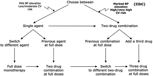 Figure 3. Monotherapy vs. drug combination strategies to achieve target BP. Moving from a less intensive to a more intensive therapeutic strategy should be done whenever BP target is not achieved.