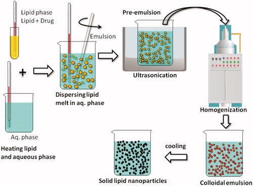 Figure 2. Schematic depiction of various steps involved in the preparation of Solid Lipid nanoparticles by hot homogenization technique.
