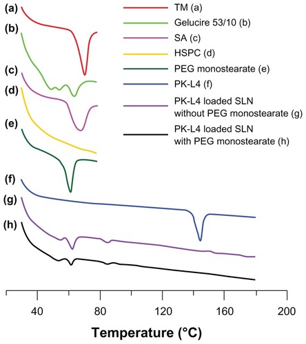 Figure 2 Differential scanning calorimetry thermograms of solid lipid nanoparticle (SLN) ingredients and 3-Chloro-4-[(4-methoxyphenyl)amino]furo[2,3-b]quinoline (PK-L4) at increasing scanning periods at 80°C–180°C.Abbreviations: HSPC, hydrogenated soybean phosphatidylcholine; PEG, polyethylene glycol; SA, stearylamine; TM, trimyristin.