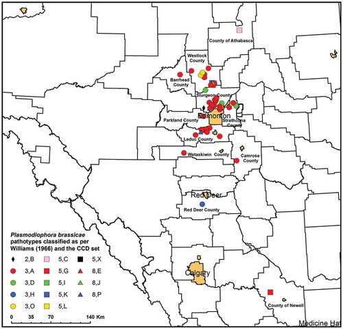 Fig. 1 (Colour online) Distribution of the Plasmodiophora brassicae populations characterized in this study. The pathotype designations of each population are indicated according to the systems of Williams (Citation1966) (numbers) or the Canadian Clubroot Differential (CCD) Set (letters).