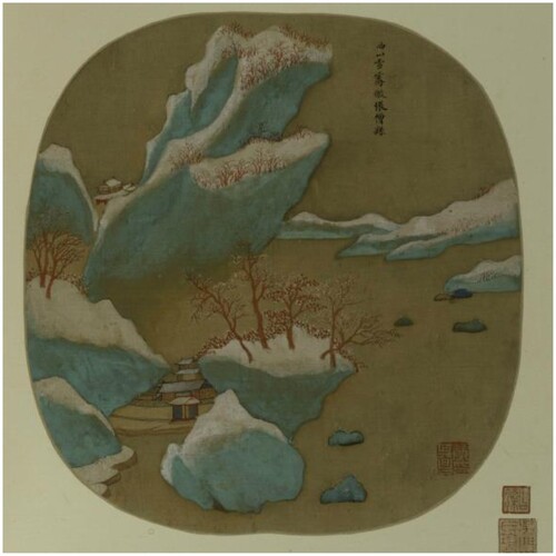 Fig. 8. Dong Qichang (1555–1636), Clearing after Snow on the West Mountains, in the manner of Zhang Sengyou (fl. early sixth century), Leaf 5 from Views of Yan and Wu, 1596, album leaf, ink and color on silk, 26.1 × 24.8 cm, Shanghai Museum.