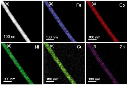 Figure 4. STEM-EDS of a nanowire. (a) HAADF-STEM image contrast shows the nanowire is polycrystalline with a grain size of few tens of nanometre in size with random orientation. (b–f) EDS chemical mapping obtained from the region reveals (b) iron (Fe), (c) cobalt (Co), (d) nickel (Ni), (e) copper (Cu) and (f) zinc (Zn), which are uniformly distributed throughout the individual nanowire.