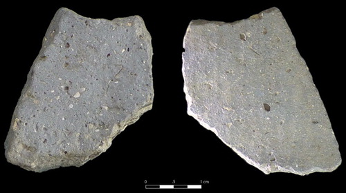 Figure 5. Xiongnu grey-ware sherd with white temper and scrape-polish decoration, from southwest exterior surface collection unit.