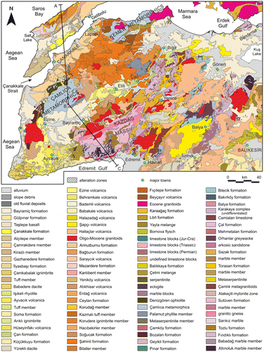 Figure 3. Geological map of the Gelibolu (modified after Dönmez, Akçay, Duru, Ilgar, and Pehlivan Citation2008) and Ilgar et al., Citation2008) and Biga peninsulas (modified after Duru et al., Citation2012).