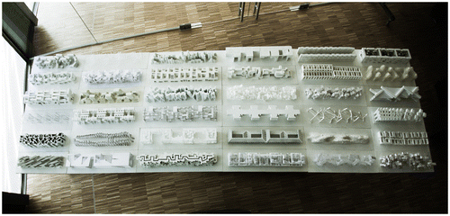 Figure 6. The Mereological City, top view. Each model renders an existing part condition between the city and its architecture, student models, urban design exercise at the Institute of Urban Design, University of Innsbruck, led by Daniel Köhler.