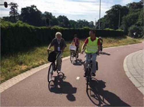 Figure 3. Outdoor session (guided bicycle tour): A guide (in high visibility vest) and a participant having a conversation while cycling on a separated bicycle path. (Image courtesy of European Cyclists’ Federation)