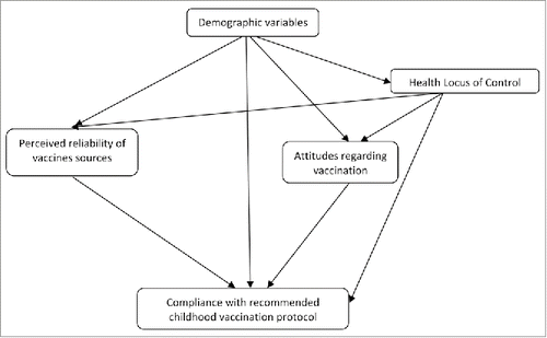 Figure 1. Theoretical model: Relationship between demographic variables, health locus of control attitudes, and beliefs regarding vaccination and compliance.