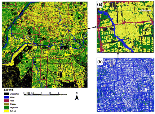 Figure 5. Classification of image at Level 1: (a) magnified view of a classified slum area; (b) segmentation result of the same area.