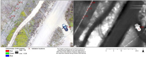 Figure 5. Validation of canopy height model heights with information collected in the field of known features.