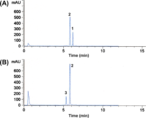 Fig. 3. HPLC chromatograms of the reaction products formed from resveratrol by E. coli cells expressing HpaBC after 0.5 h (A) and 12 h (B).