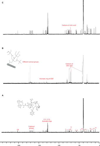 Figure S3 13C nuclear magnetic resonance spectra of A) PTX, B) MWNT-g-PCA, and C) MWNT-g-PCA-PTX conjugates containing 40% w/w paclitaxel.Abbreviations: MWNT, multiwalled carbon nanotube; PCA, poly citric acid; PTX, paclitaxel.