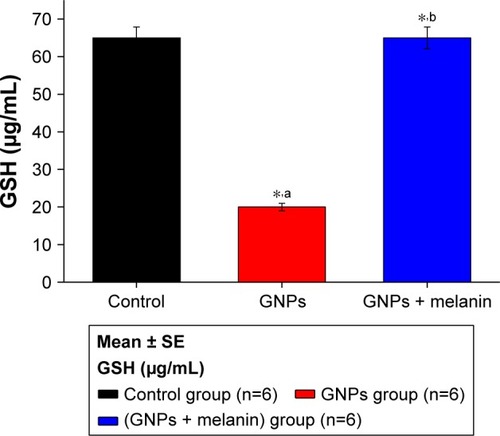 Figure 5 Effect of GNPs and melanin on liver GSH level in rats.Note: aRelated to GNPs within the control group; bmelanin related to GNPs and control; *P<0.05.Abbreviations: GNP, gold nanoparticle; GSH, reduced glutathione.