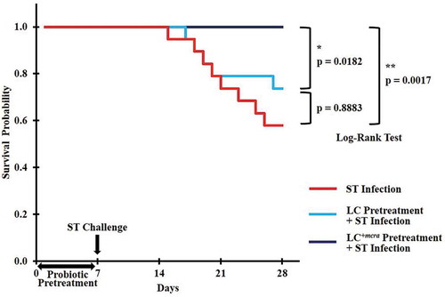 Figure 2. Kaplan-Meier survival curve for ST-infected mice only, or mice pretreated with wild-type probiotic strain LC or bioactive probiotic strain LC+mcra before ST-infection. Survival probability plotted over time and compared at significant level of 0.05 (*) or 0.01 (**) by Log-Rank test.