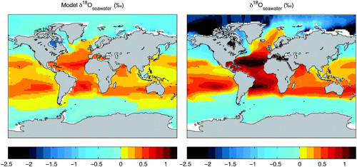 Fig. 7 Sea surface δ18O. Surface seawater δ18O in the UVic model (annual mean of surface ocean model level (depth 50 m)) (left panel) and the gridded δ18O seawater dataset (LeGrande and Schmidt, Citation2006) (averaged over the top 50 m) (right panel).