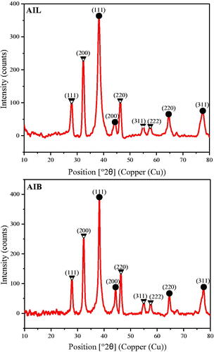 Figure 3. X-ray diffraction pattern of silver nanoparticles from A. indica leaves (AIL) and bark (AIB). ● represents silver nanocrystallites and Display full size represents silver chloride nanocrystallites.