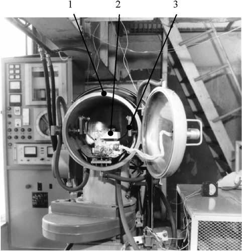 Figure 1. Test stand: 1, vacuum chamber; 2, experimental module; and 3, heater iterative process.