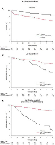 Figure 3. Unadjusted cohort. Comparative Kaplan Meier curves of patients treated with tafamidis (black line) or with LT (gray line) for the three endpoints of the study: overall survival (panel A), neurological endpoint (panel B) and cardiac endpoint (panel C).