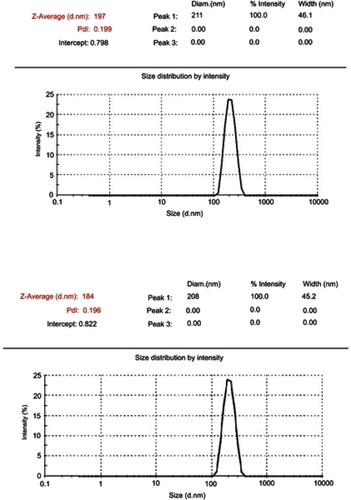 Figure 1 Size distribution by intensity for TPGS-NS and Tween-NS.Abbreviations: TPGS, D-α-tocopheryl polyethylene glycol 1,000 succinate; NS, nanosuspension.