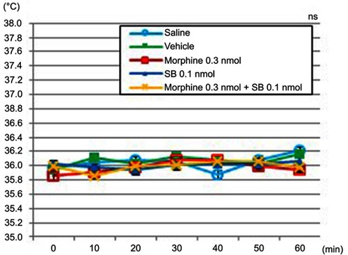 Figure 3 Time course of body temperature over the first 60 mins following the administration of saline, vehicle, 0.3-nmol morphine, 0.1-nmol SB366791, or 0.3-nmol morphine +0.1-nmol SB366791.