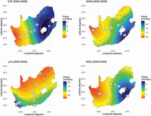 Figure 3. Composite mean seasonal daily rainfall (mm/day) over Southern Africa, South Atlantic, and Indian Ocean at 1000 hPa pressure level during 2004–2009 period. Constructed from NCEP and NCAR reanalysis data.