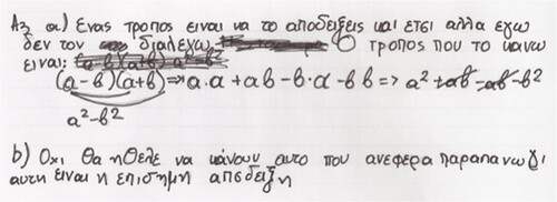 Figure 3. P[65]’s response to Q3a,b: a) This is one way to prove it but I would have not chosen this way. The way I do it is [algebraic manipulations follow]. b) No [the teacher] would want [the students] to do what I said above beca[use] this is the official proof.