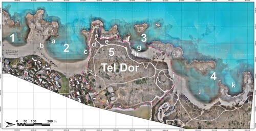 Figure 2. Tel Dor, its bays and location of main features mentioned in this article: (1) Tantura Lagoon; (2) South Bay; (3) Love Bay; (4) North Bay; (5) Tel Dor (note dashed line for the current boundaries of the Tel). Main features: (a) Area T, submerged Hellenistic fortification; (b) Tombolo, FDEM survey and possible tower; (c) Iron Age submerged fortification and mole; (d) Area D, Iron Age and Hellenistic structures; (e) Coastal Roman temples; (f) Slipways/shipsheds; (g) Love Bay underwater excavations; (h) Love Bay land excavations and Hellenistic structures; (i) North Bay Roman rectangular structure; (j) Area X, submerged Roman mole; (k) Area W, Roman and earlier anchorage (prepared by M. Runjajić, A. Tamberino and A. Yasur-Landau).